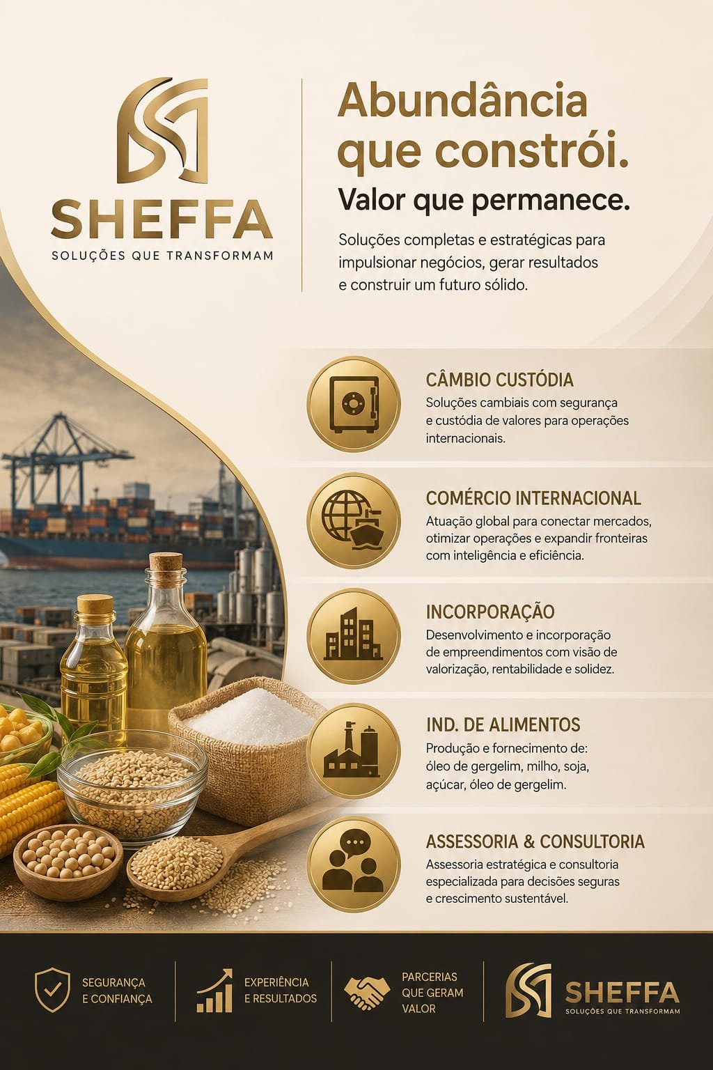 Linha de produtos SHEFFA — óleo de gergelim, milho, soja e açúcar
